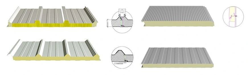 50mm, 75mm, 100mm PPGI Steel Metal Board Sandwich Insulation EPS/PU/PIR/Rock Wool Wall Panel for Prefab House